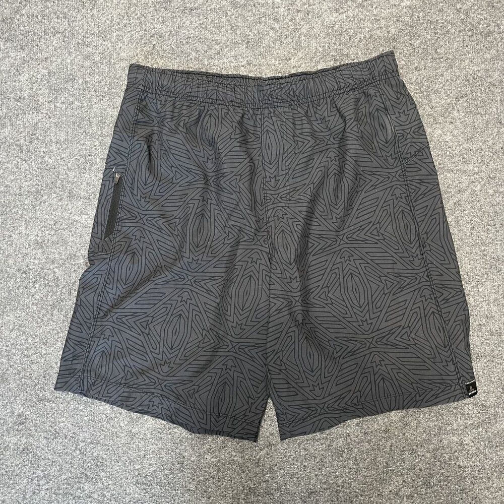 Prana Breathe Shorts Mens Sz S Black Geometric Pattern Elastic Waist Zip Pocket